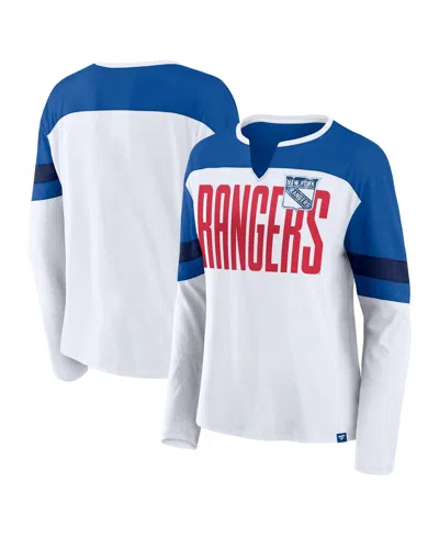 Fanatics Women's White/blue New York Rangers Frozen Long Sleeve Notch Neck T-shirt In White,blue