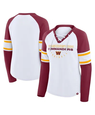 FANATICS WOMEN'S WHITE/BURGUNDY WASHINGTON COMMANDERS REDZONE BLITZ PACKAGE RAGLAN LACE-UP V-NECK LONG SLEEVE
