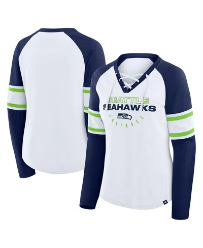 Fanatics Women's White/college Navy Seattle Seahawks Redzone Blitz Package Raglan Lace-up V-neck Long Sleeve  In Blue