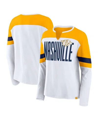 Fanatics Women's White/gold Nashville Predators Frozen Long Sleeve Notch Neck T-shirt In White,gold