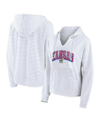 Fanatics Women's White/gray Kansas Jayhawks Arch Logo Striped Notch Neck Pullover Hoodie