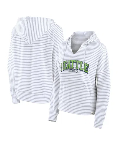 Fanatics Women's White/gray Seattle Seahawks Striped Notch Neck Pullover Hoodie In White,gray