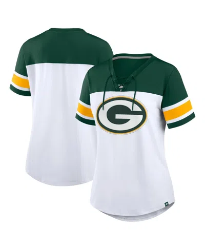 Fanatics Women's White/green Green Bay Packers Athena Rhinestone Lace-up V-neck T-shirt In Multi