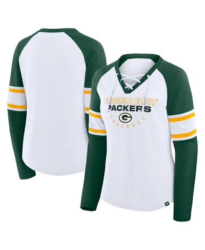 Fanatics Women's White/green Green Bay Packers Redzone Blitz Package Raglan Lace-up V-neck Long Sleeve T-shir