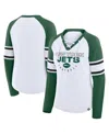 Fanatics Women's White/green New York Jets Redzone Blitz Package Raglan Lace-up V-neck Long Sleeve T-shirt In Green