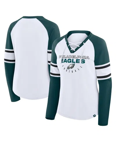 Fanatics Women's White/green Philadelphia Eagles Redzone Blitz Package Raglan Lace-up V-neck Long Sleeve T-sh In Multi