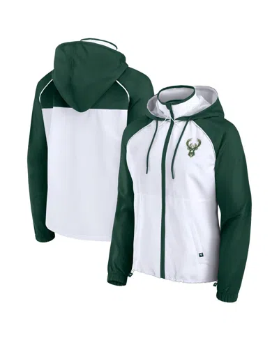Fanatics Women's White/hunter Green Milwaukee Bucks Anorak Raglan Full-zip Hoodie Jacket In White,hunter Green