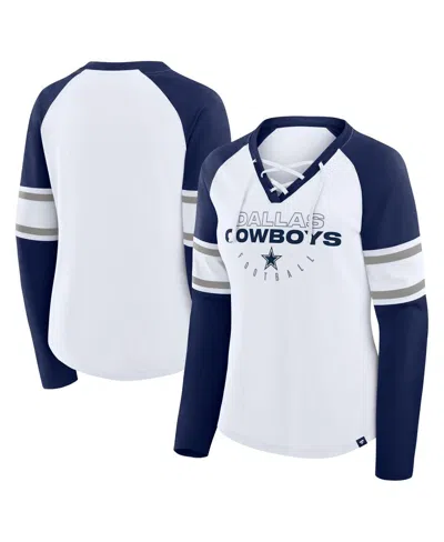 Fanatics Women's White/navy Dallas Cowboys Redzone Blitz Package Raglan Lace-up V-neck Long Sleeve T-shirt In Multi