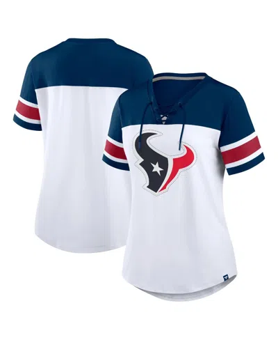 Fanatics Women's White/navy Houston Texans Athena Rhinestone Lace-up V-neck T-shirt In Multi