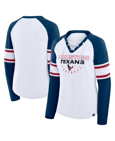 FANATICS WOMEN'S WHITE/NAVY HOUSTON TEXANS REDZONE BLITZ PACKAGE RAGLAN LACE-UP V-NECK LONG SLEEVE T-SHIRT