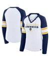 Fanatics Women's White/navy Milwaukee Brewers Blitz Package Raglan Lace-up V-neck Long Sleeve T-shirt In White