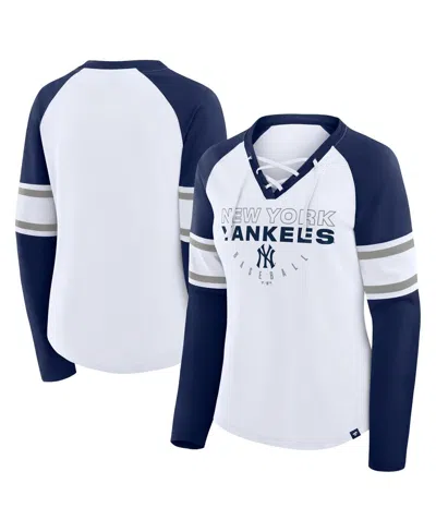Fanatics Women's White/navy New York Yankees Blitz Package Raglan Lace-up V-neck Long Sleeve T-shirt In Multi