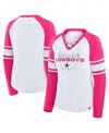Fanatics Women's White/pink Dallas Cowboys Redzone Rhinestone Bling Lace Up Long Sleeve T-shirt In Pink