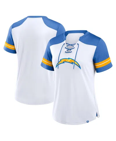 Fanatics Women's White/powder Blue Los Angeles Chargers Foiled Primary Lace-up T-shirt In White,powder Blue
