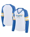 Fanatics Women's White/powder Blue Los Angeles Chargers Redzone Blitz Package Raglan Lace-up V-neck Long Slee In Multi