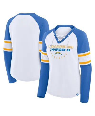 Fanatics Women's White/powder Blue Los Angeles Chargers Redzone Blitz Package Raglan Lace-up V-neck Long Slee In Multi