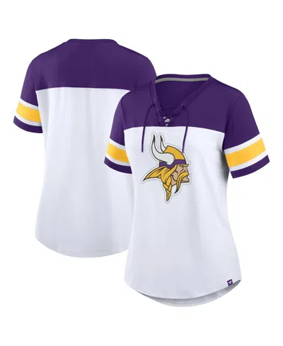 Fanatics Women's White/purple Minnesota Vikings Athena Rhinestone Lace-up V-neck T-shirt In Multi