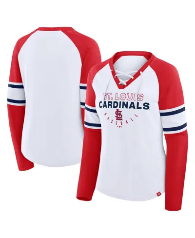 Fanatics Women's White/red St. Louis Cardinals Blitz Package Raglan Lace-up V-neck Long Sleeve T-shirt In Multi