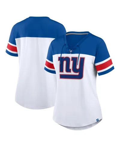 Fanatics Women's White/royal New York Giants Athena Rhinestone Lace-up V-neck T-shirt In Multi
