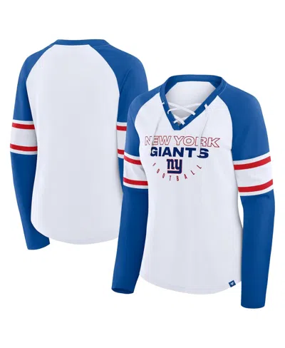 Fanatics Women's White/royal New York Giants Redzone Blitz Package Raglan Lace-up V-neck Long Sleeve T-shirt In Blue