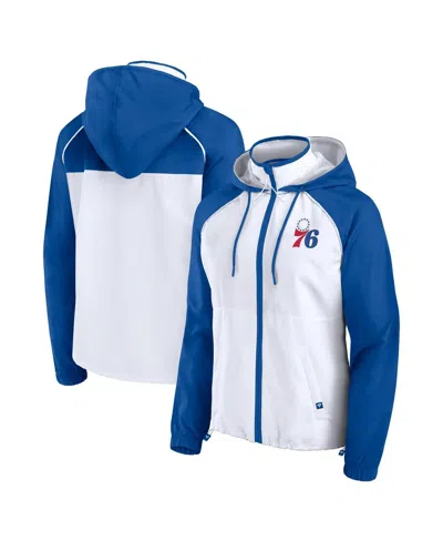 Fanatics Women's White/royal Philadelphia 76ers Anorak Raglan Full-zip Hoodie Jacket In White,royal