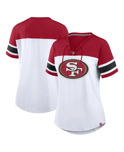 Fanatics Women's White/scarlet San Francisco 49ers Athena Rhinestone Lace-up V-neck T-shirt In Multi
