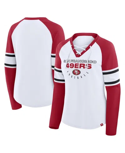 Fanatics Women's White/scarlet San Francisco 49ers Redzone Blitz Package Raglan Lace-up V-neck Long Sleeve T- In Multi