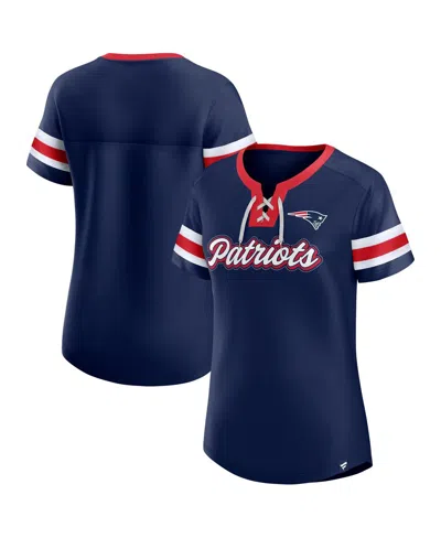 Fanatics Women'sâ Navy New England Patriots True Catch Iconic Rhinestone Bling Athena Lace-up T-shirt In Blue