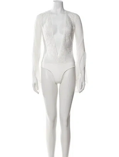 Pre-owned Fancì Club Lace Pattern Plunge Neckline Bodysuit In White