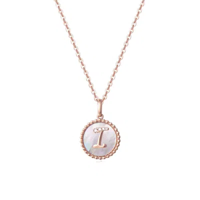 Fanci Me Women's "i" Initial Letter Mother Of Pearl And Diamond Round Disc Solid Rose Gold Necklace - Rose Go
