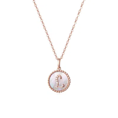 Fanci Me Women's "l" Initial Letter Mother Of Pearl And Diamond Round Disc Solid Rose Gold Necklace - Rose Go
