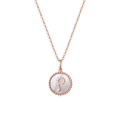 Fanci Me Women's "p" Initial Letter Mother Of Pearl And Diamond Round Disc Solid Rose Gold Necklace - Rose Go