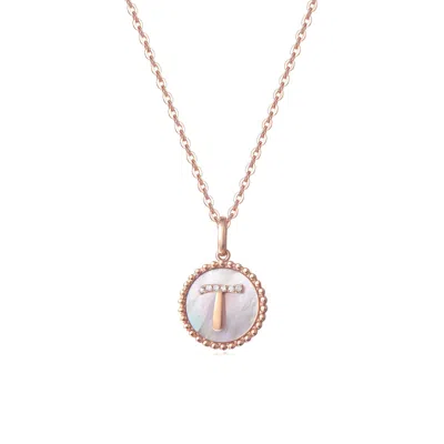Fanci Me Women's "t" Initial Letter Mother Of Pearl And Diamond Round Disc Solid Rose Gold Necklace - Rose Go