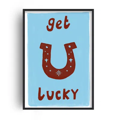 Fanclub Blue / Brown Get Lucky Horse Shoe Hand Painted Western Playful Art Print In Multi