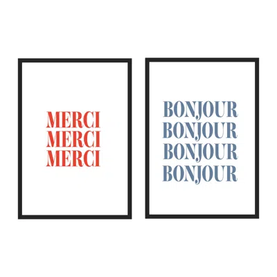 Fanclub Blue / Red Bonjour And Merci French Giclée Art Print Set In A3 In Blue/red