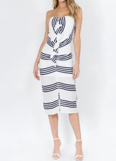 Fanco Striped Tube Midi Slit Dress With Ruffle Front Detail In Navy In White