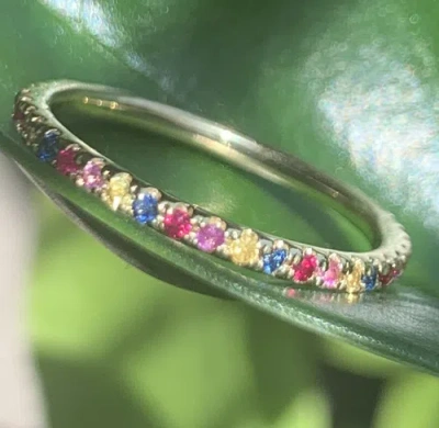 Pre-owned Fancy Special Occasions Rainbow Sapphire Eternity Light Gemstone 14k Yellow Gold Birthstone Ring Size 7 In Multicolor