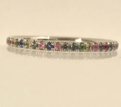 Pre-owned Fancy Special Occasions Rainbow Sapphire Round Eternity Gemstone 14k White Gold Birthstone Ring Size 7 In Multicolor
