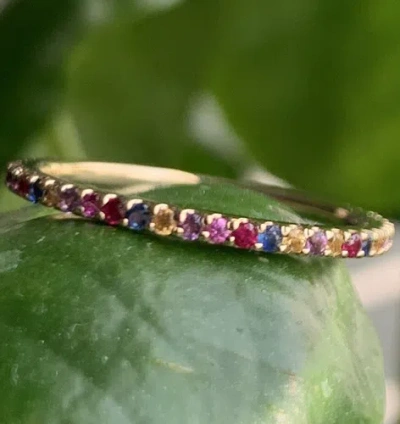 Pre-owned Fancy Special Occasions Rainbow Sapphire Round Eternity Gemstone 14k Yellow Gold Birthstone Ring Size 7 In Multicolor