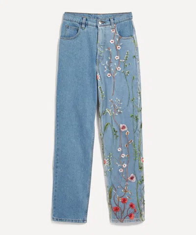 Fanfare Women's High Waisted Asymmetrical Embroidery Blue Jeans