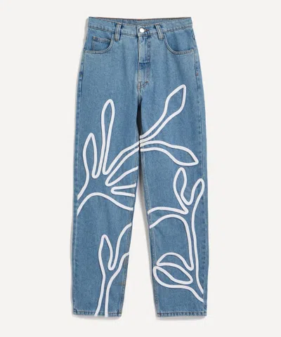 Fanfare Women's High Waisted Floral Trim Blue Jeans
