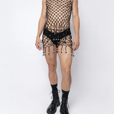 Fang Pearl Macrame Square Neck Top In Black