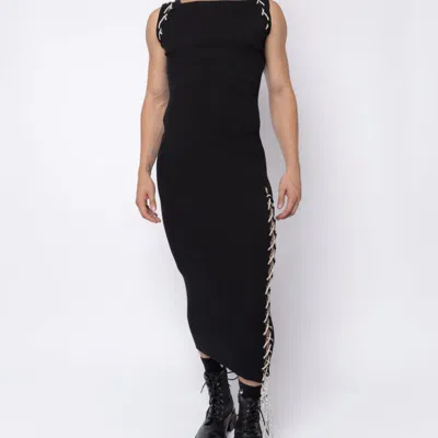 Fang Rhinestone Lace Up Square Neck Midi Dress In Black
