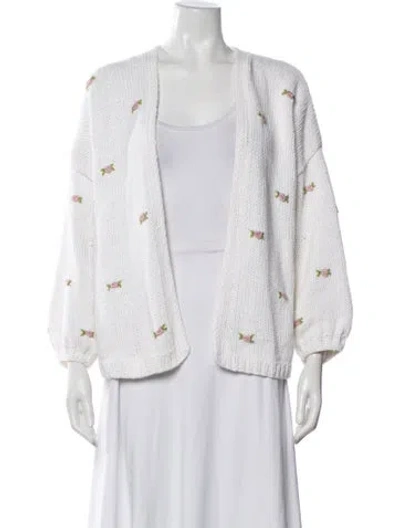 Pre-owned Fanm Mon Floral Print Open Front Sweater In White
