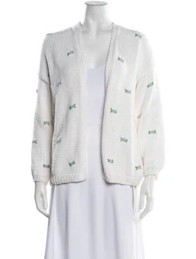 Pre-owned Fanm Mon Floral Print Open Front Sweater In White
