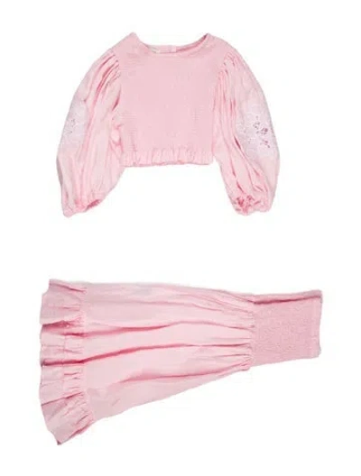 Pre-owned Fanm Mon Linen Embroidered Accent Skirt Set In Pink