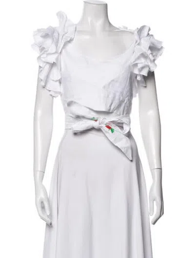 Pre-owned Fanm Mon Linen Graphic Print Top In White