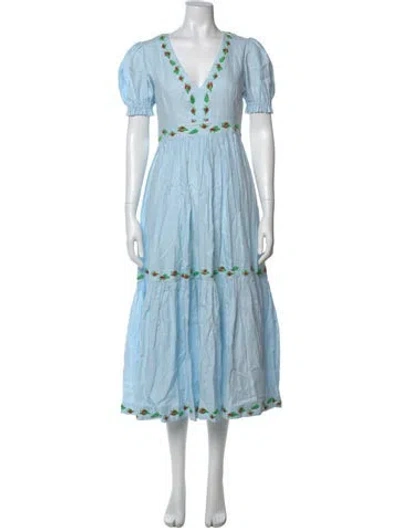 Pre-owned Fanm Mon Linen Midi Length Dress In Blue