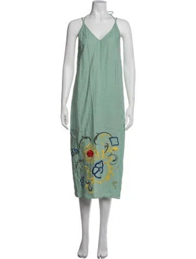 Pre-owned Fanm Mon Linen Midi Length Dress In Green