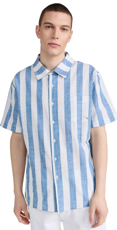 Fanm Mon Novo Short Sleeve Embroidered Linen Shirt Blue Stripes